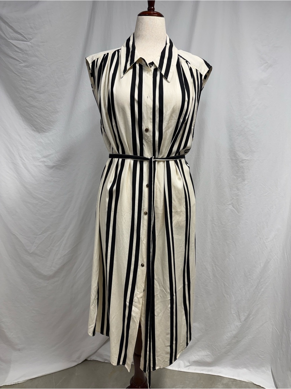 H&M Black and White Vertical-Stripe Midi Shirt Dress